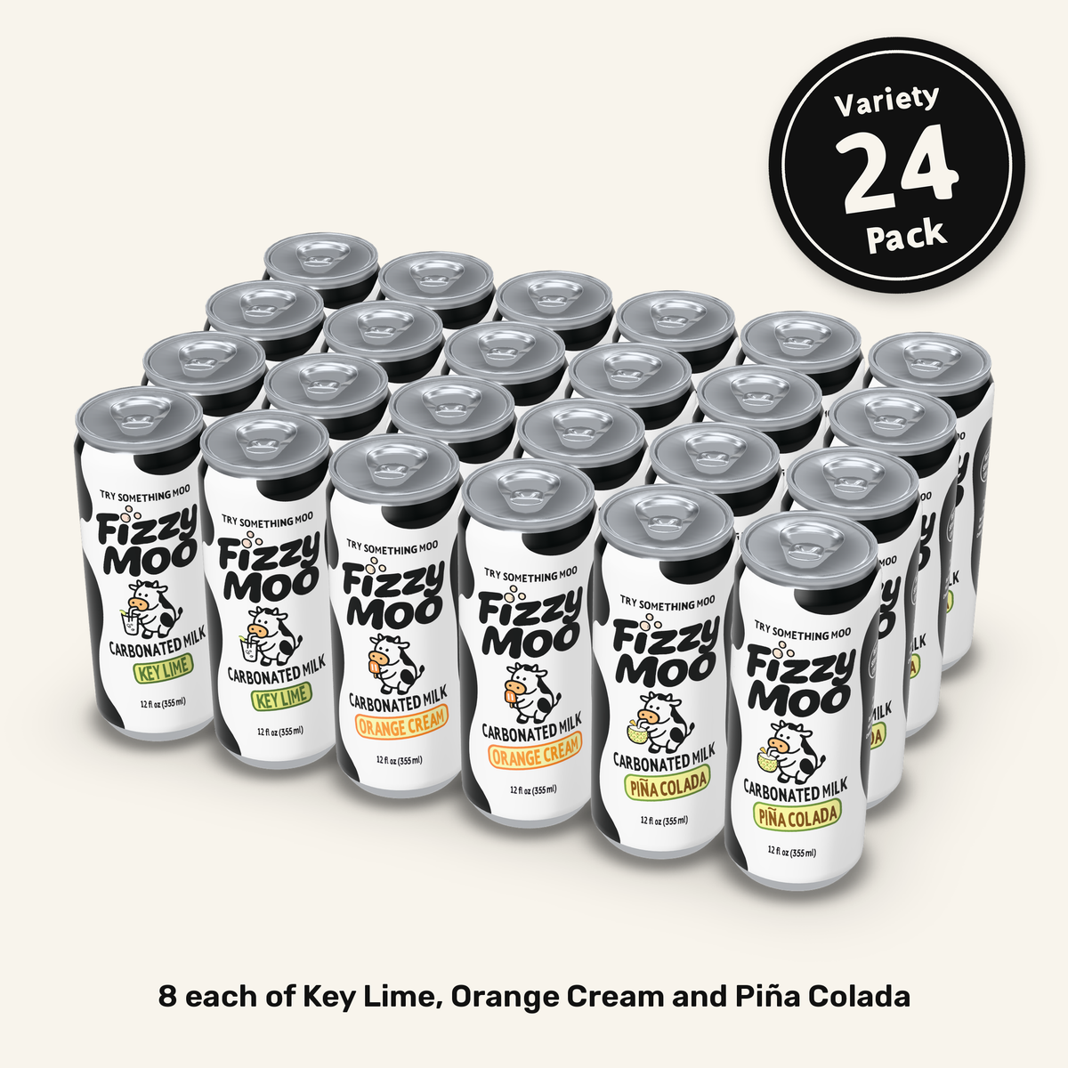 Fizzy Moo 24 Variety Pack: 8 cans each of Key Lime, Orange Cream and Piña Colada