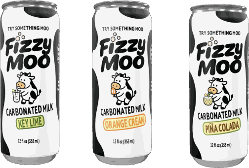 Fizzy Moo cans in Key Lime, Orange Cream and Piña Colada