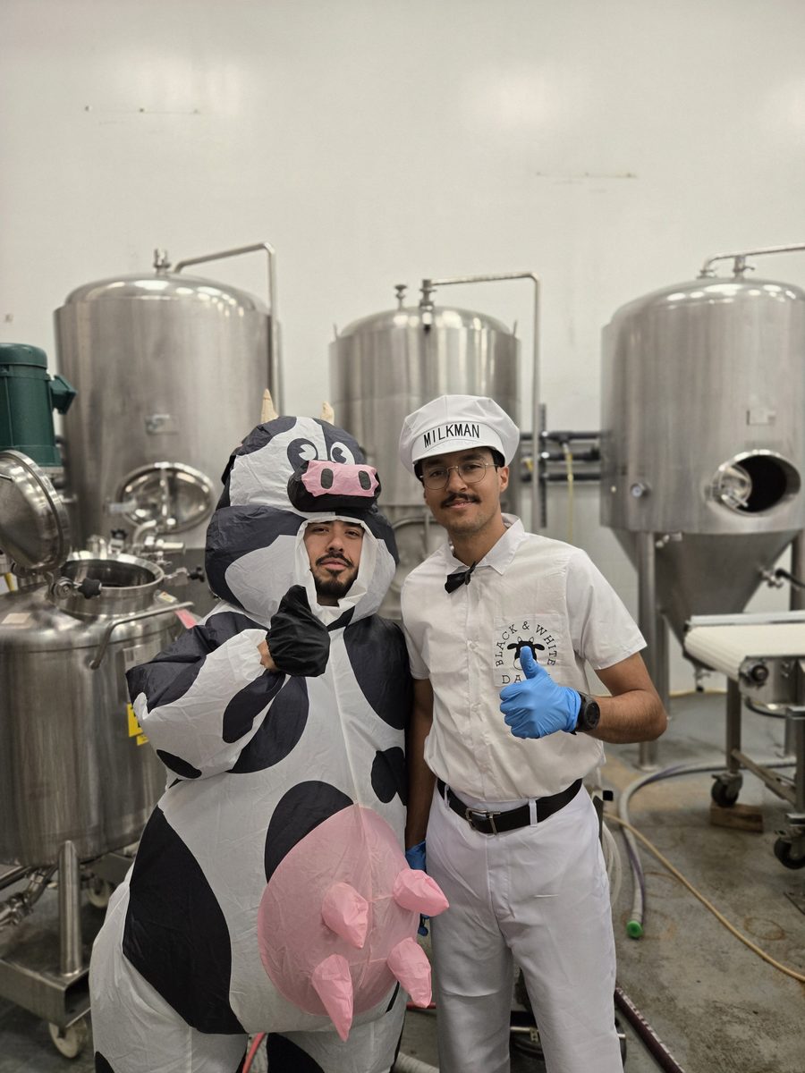 The Fizzy Moo milkman and the inflatable cow in front of the stainless steel tanks at the first production run